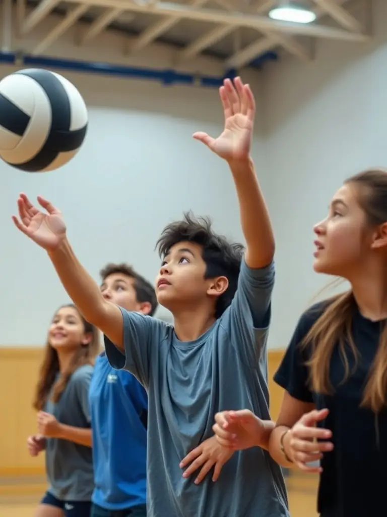A picture of students engaged in a volleyball match, emphasizing coordination, communication, and teamwork.