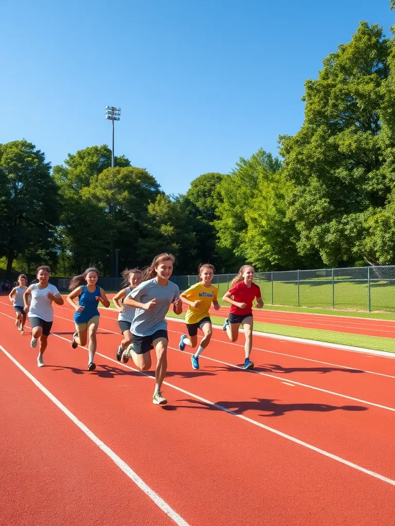 A diverse group of students participating in a track and field event on the school's track, showcasing the ASSOCIATION SPORTIVE COLLEGE VOLTAIRE's commitment to athletic excellence and inclusivity.