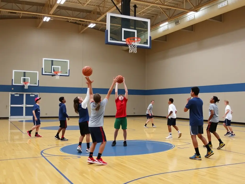 A vibrant image of young students participating in a basketball training session at COLLEGE VOLTAIRE, showcasing teamwork and active engagement.