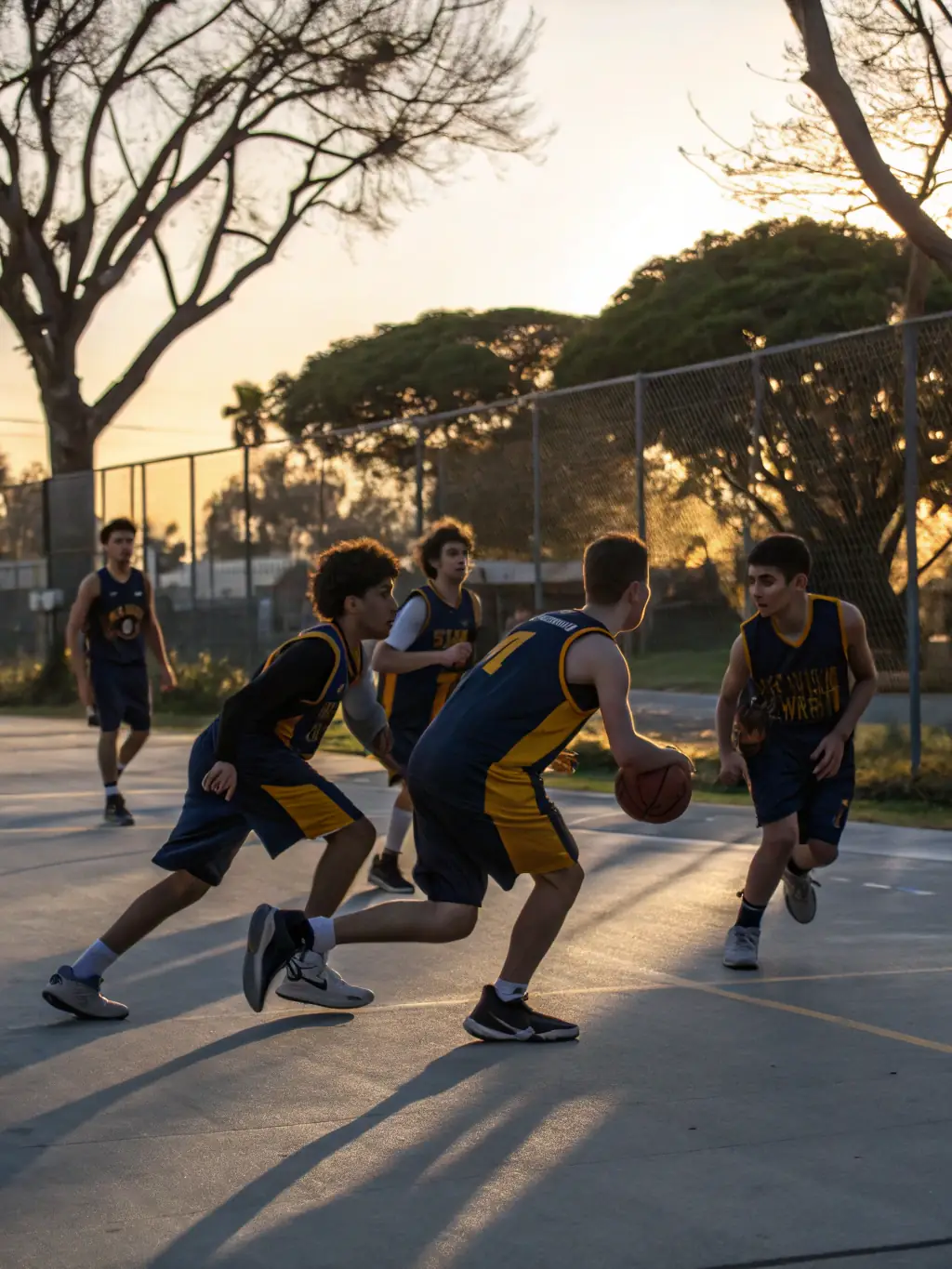 A dynamic image of children playing basketball, emphasizing teamwork and active participation in a youth sports program.