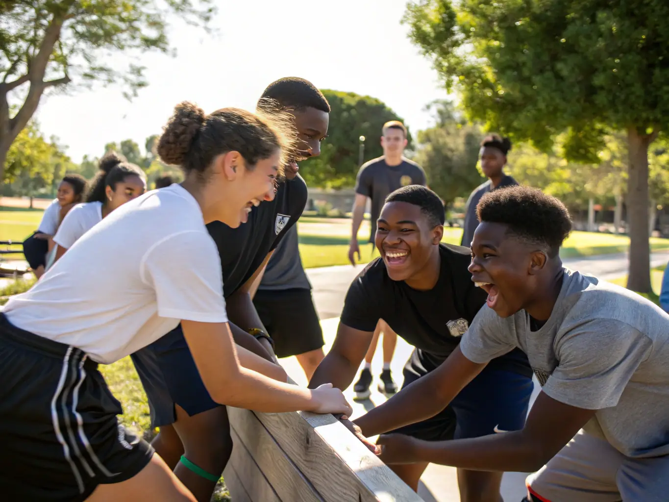 A diverse group of students participating in a team-building exercise, highlighting the social cohesion promoted by ASSOCIATION SPORTIVE COLLEGE VOLTAIRE.