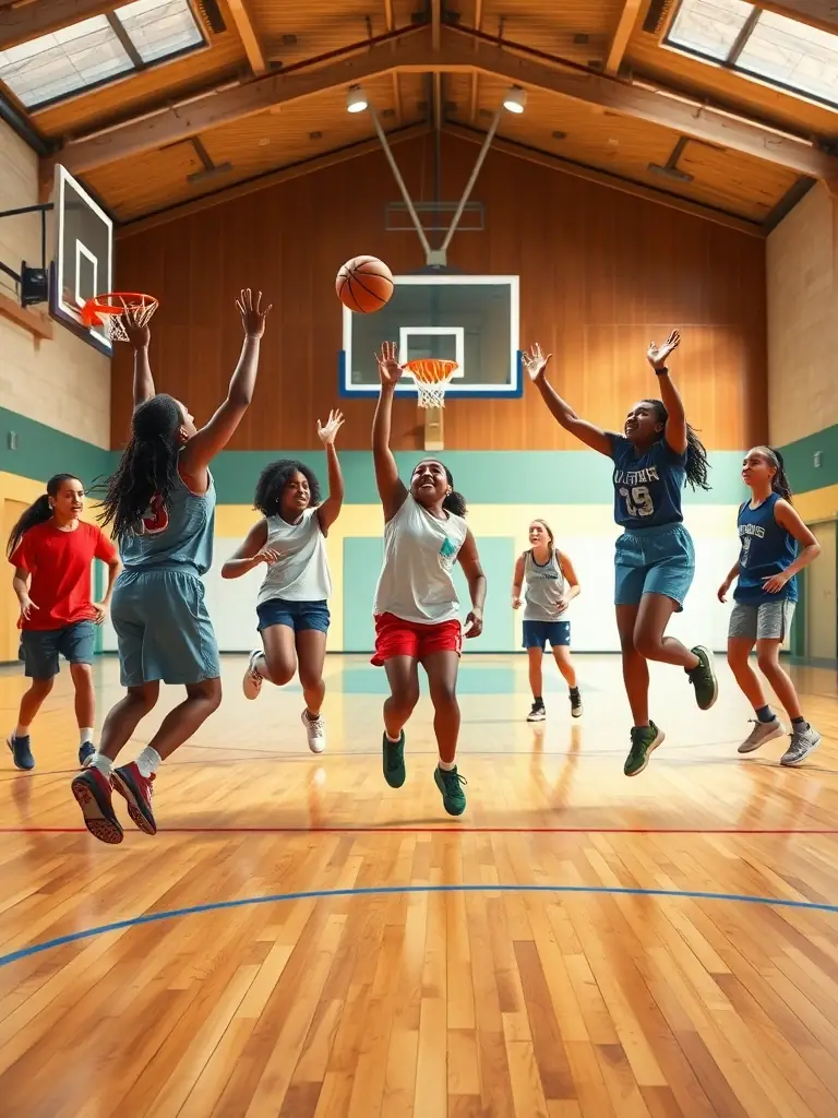 A group of young students playing basketball in the school gymnasium, focused on teamwork and skill development, representing the ASSOCIATION SPORTIVE COLLEGE VOLTAIRE's basketball program.